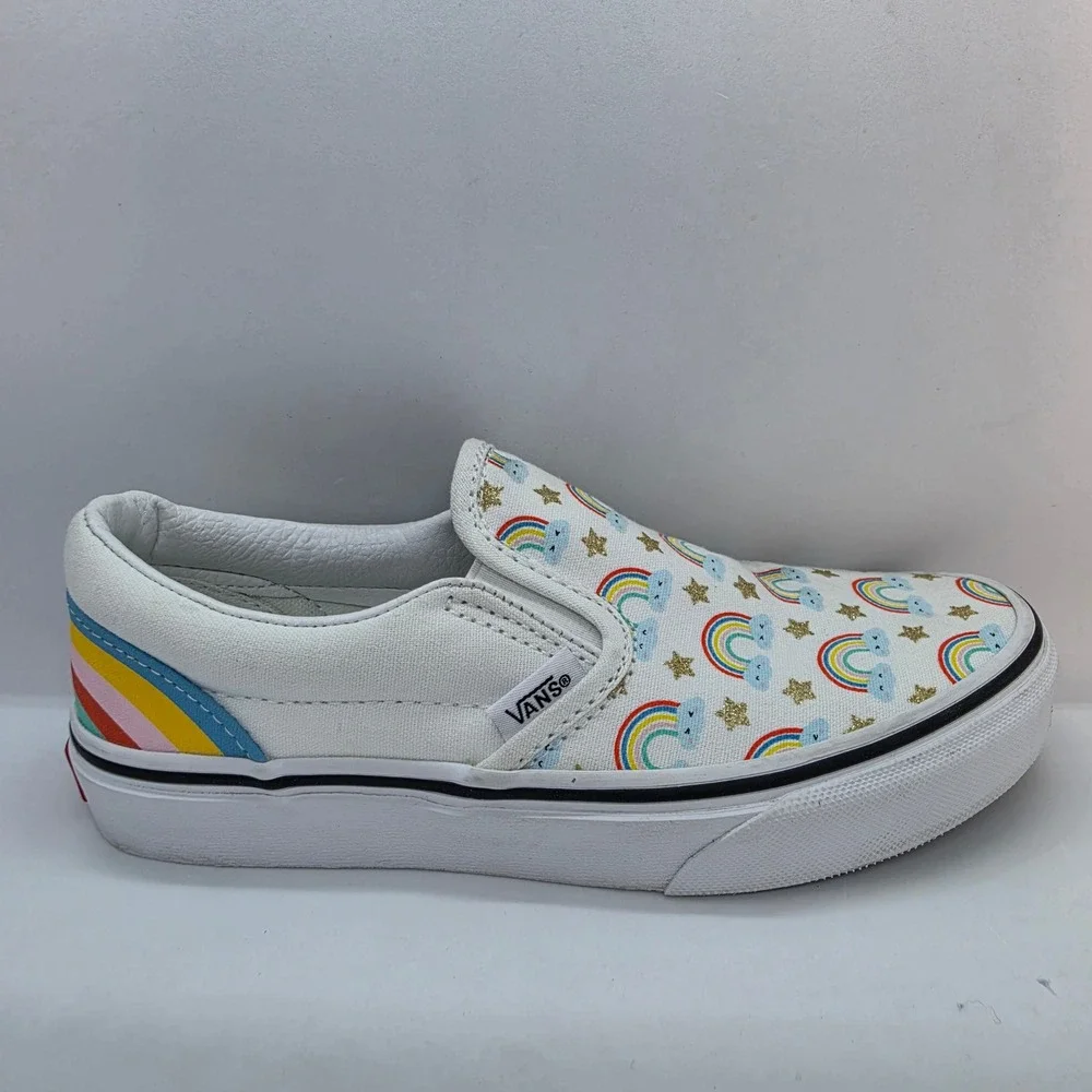 Vans Kids Classic Slip-On Rainbow Star Glitter White Canvas Shoes Size‎ 2.5 Kids